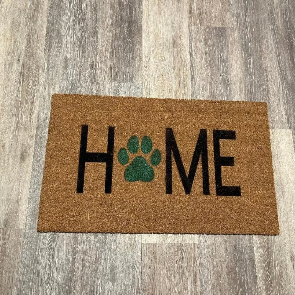 HOME with green dog paw decorative coir doormat